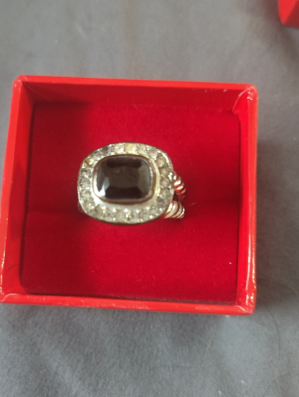 David Yurman Silver Ring with Black Cushion Stone and Crystal Halo